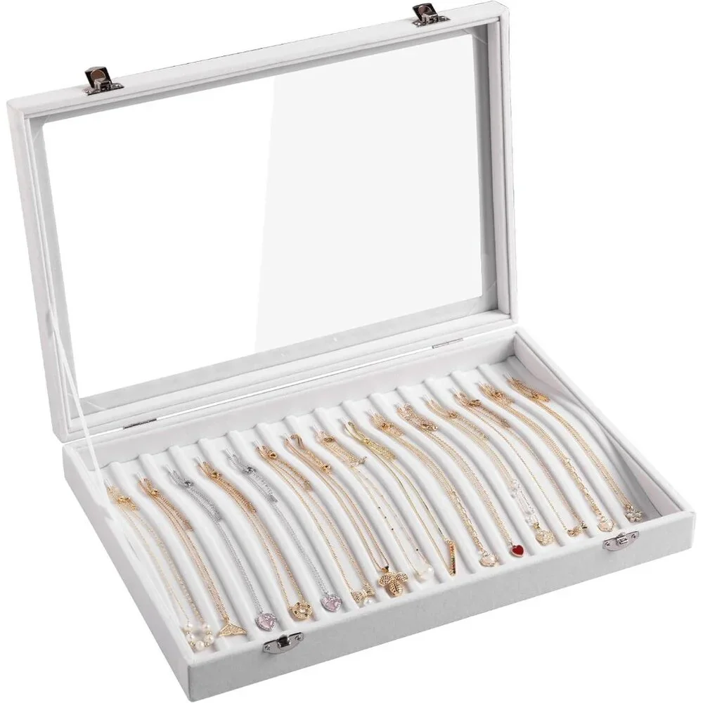 15 Hooks Necklace Tray,Neckalce Organizer with Clear Lid,Velvet Necklace Holder